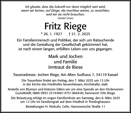 Traueranzeige von Fritz Riege von Cellesche Zeitung