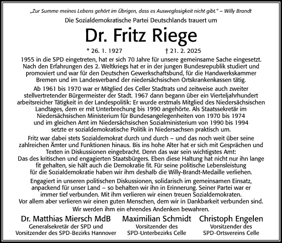Traueranzeige von Fritz Riege von Cellesche Zeitung