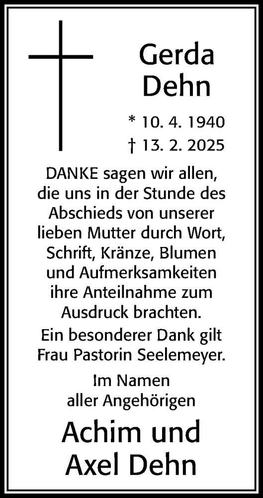 Traueranzeige von Gerda Dehn von Cellesche Zeitung