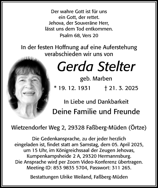 Traueranzeige von Gerda Stelter von Cellesche Zeitung