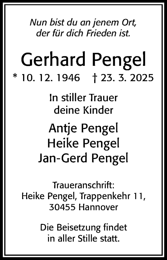Traueranzeige von Gerhard Pengel von Cellesche Zeitung
