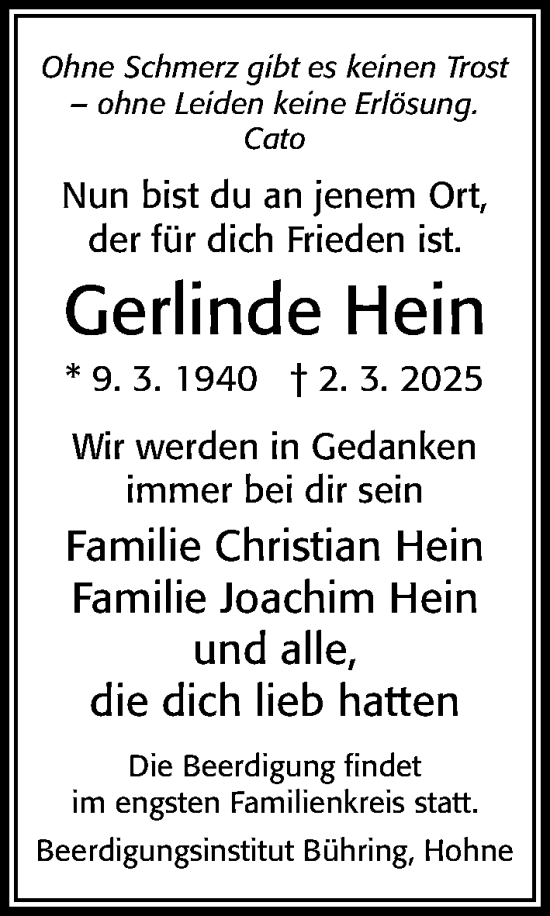 Traueranzeige von Gerlinde Hein von Cellesche Zeitung