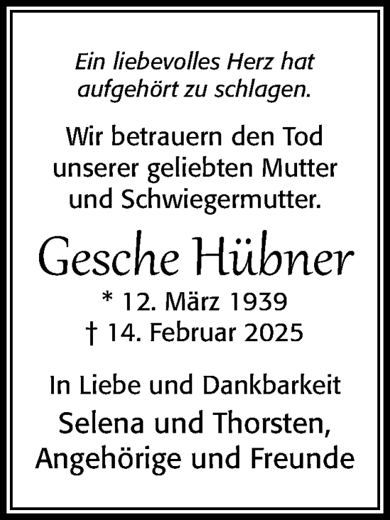 Traueranzeige von Gesche Hübner von Cellesche Zeitung