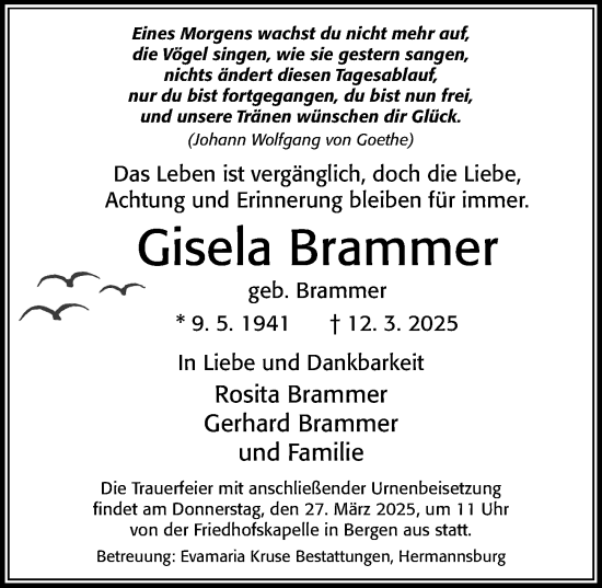 Traueranzeige von Gisela Brammer von Cellesche Zeitung