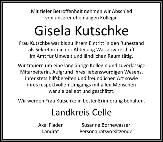 Traueranzeige von Gisela Kutschke von Cellesche Zeitung