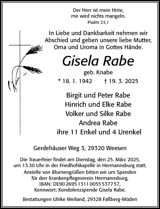 Traueranzeige von Gisela Rabe von Cellesche Zeitung