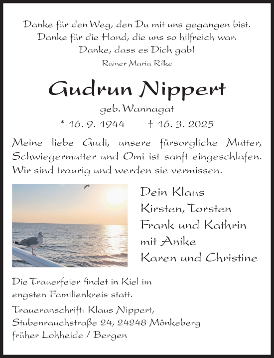 Traueranzeige von Gudrun Nippert von Cellesche Zeitung