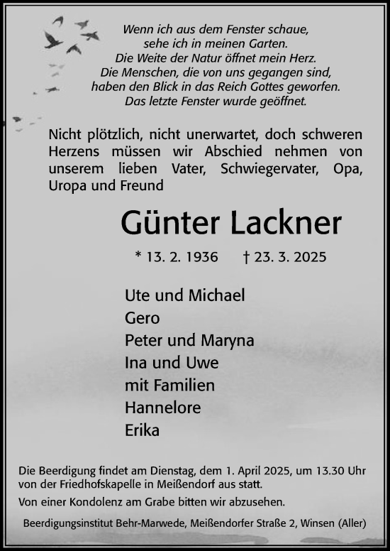 Traueranzeige von Günter Lackner von Cellesche Zeitung