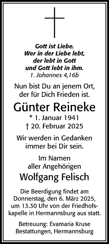 Traueranzeige von Günter Reineke von Cellesche Zeitung
