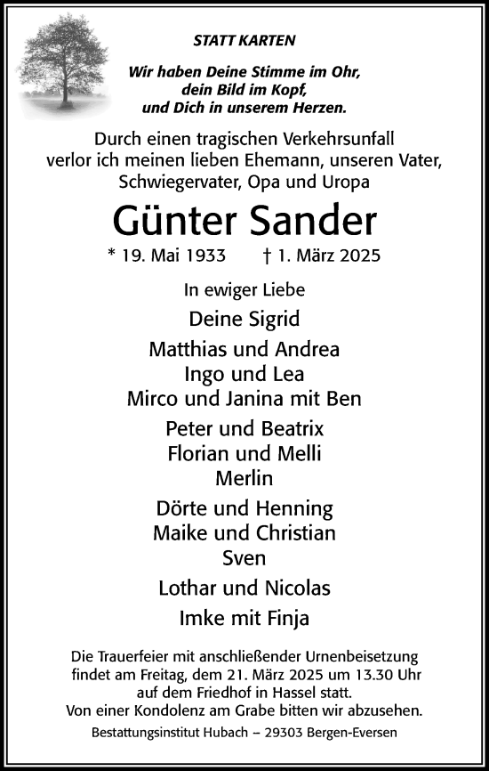 Traueranzeige von Günter Sander von Cellesche Zeitung