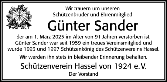 Traueranzeige von Günter Sander von Cellesche Zeitung
