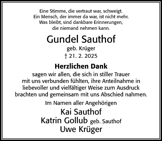 Traueranzeige von Gundel Sauthof von Cellesche Zeitung