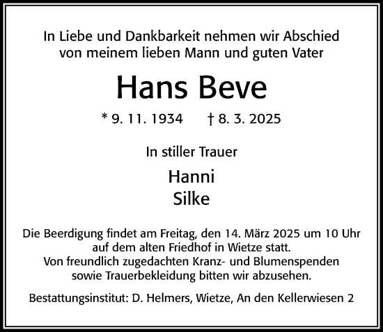 Traueranzeige von Hans Beve von Cellesche Zeitung