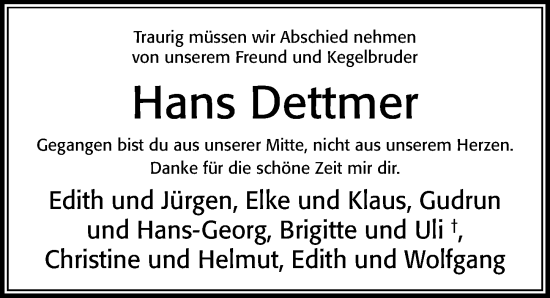 Traueranzeige von Hans Dettmer von Cellesche Zeitung