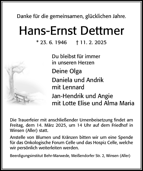 Traueranzeige von Hans-Ernst Dettmer von Cellesche Zeitung