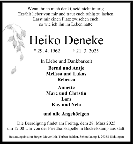Traueranzeige von Heiko Deneke von Cellesche Zeitung