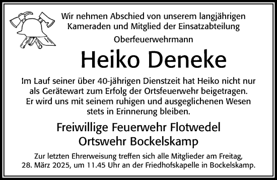 Traueranzeige von Heiko Deneke von Cellesche Zeitung