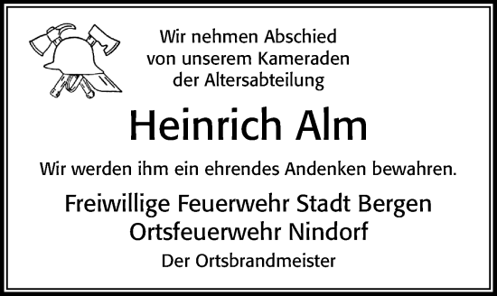 Traueranzeige von Heinrich Alm von Cellesche Zeitung
