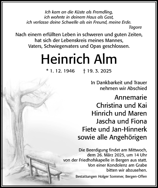 Traueranzeige von Heinrich Alm von Cellesche Zeitung