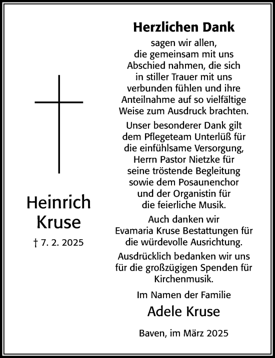 Traueranzeige von Heinrich Kruse von Cellesche Zeitung