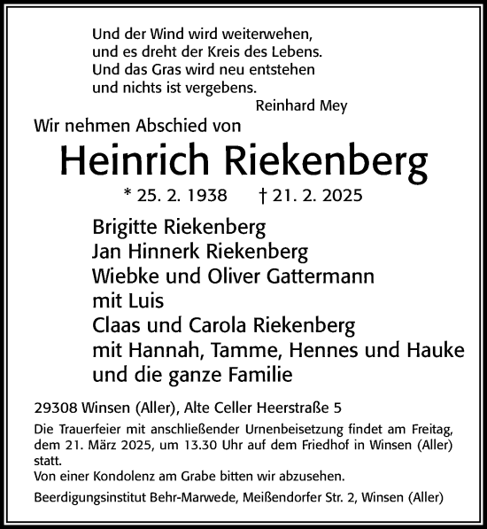 Traueranzeige von Heinrich Riekenberg von Cellesche Zeitung