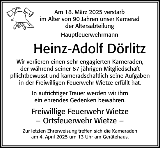 Traueranzeige von Heinz-Adolf Dörlitz von Cellesche Zeitung