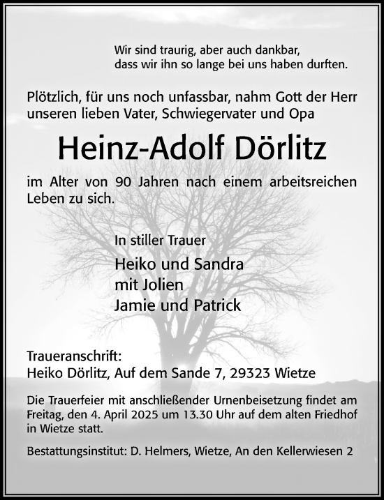 Traueranzeige von Heinz-Adolf Dörlitz von Cellesche Zeitung