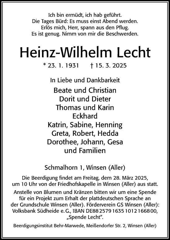 Traueranzeige von Heinz-Wilhelm Lecht von Cellesche Zeitung