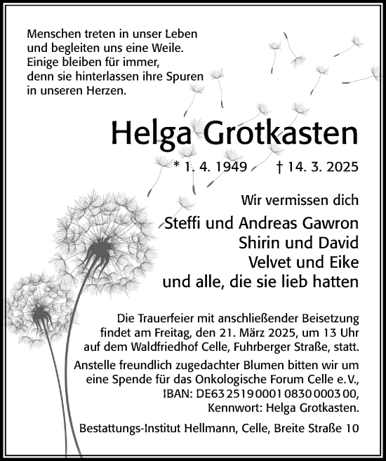 Traueranzeige von Helga Grotkasten von Cellesche Zeitung