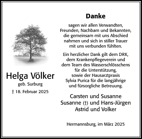 Traueranzeige von Helga Völker von Cellesche Zeitung