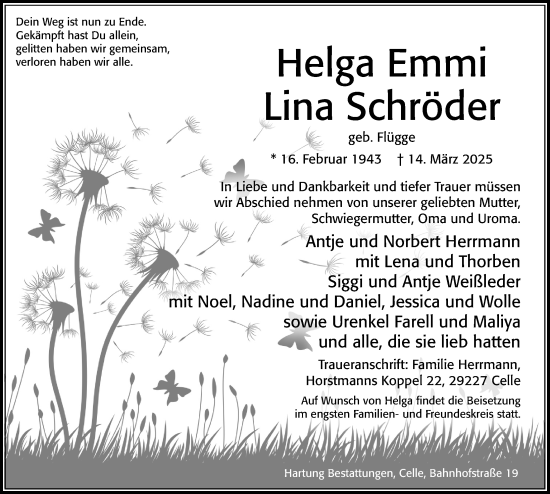 Traueranzeige von Helga Emmi Lina Schröder von Cellesche Zeitung