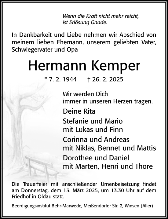 Traueranzeige von Hermann Kemper von Cellesche Zeitung