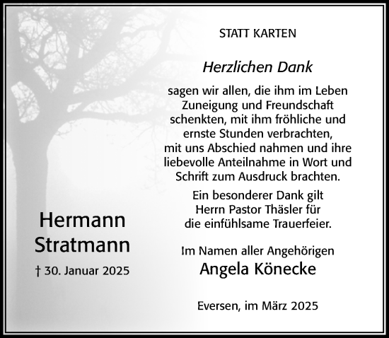 Traueranzeige von Hermann Stratmann von Cellesche Zeitung