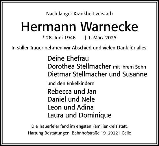 Traueranzeige von Hermann Warnecke von Cellesche Zeitung