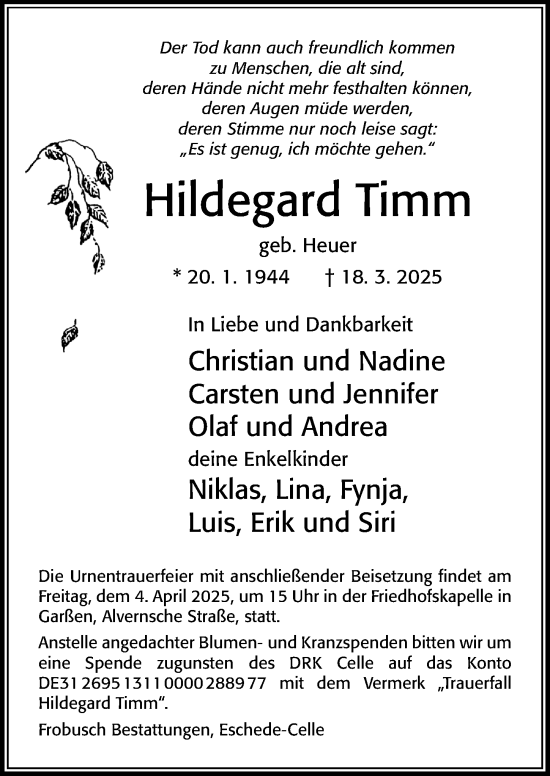 Traueranzeige von Hildegard Timm von Cellesche Zeitung