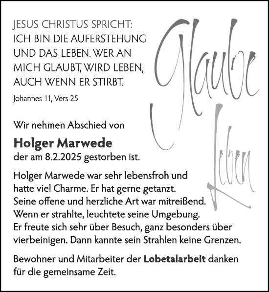 Traueranzeige von Holger Marwede von Cellesche Zeitung