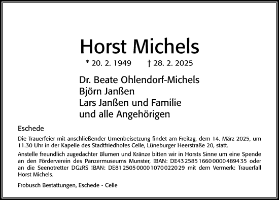 Traueranzeige von Horst Michels von Cellesche Zeitung