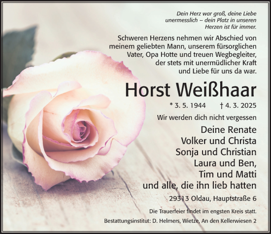 Traueranzeige von Horst Weißhaar von Cellesche Zeitung