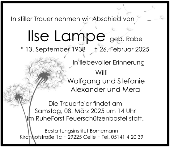Traueranzeige von Ilse Lampe von Cellesche Zeitung