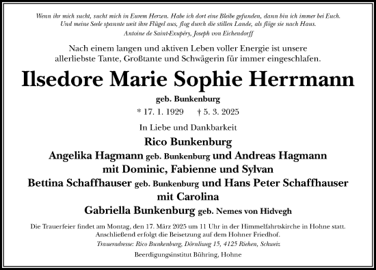 Traueranzeige von Ilsedore Marie Sophie Herrmann von Cellesche Zeitung