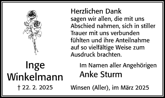 Traueranzeige von Inge Winkelmann von Cellesche Zeitung
