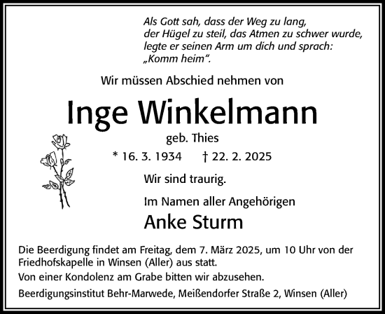 Traueranzeige von Inge Winkelmann von Cellesche Zeitung