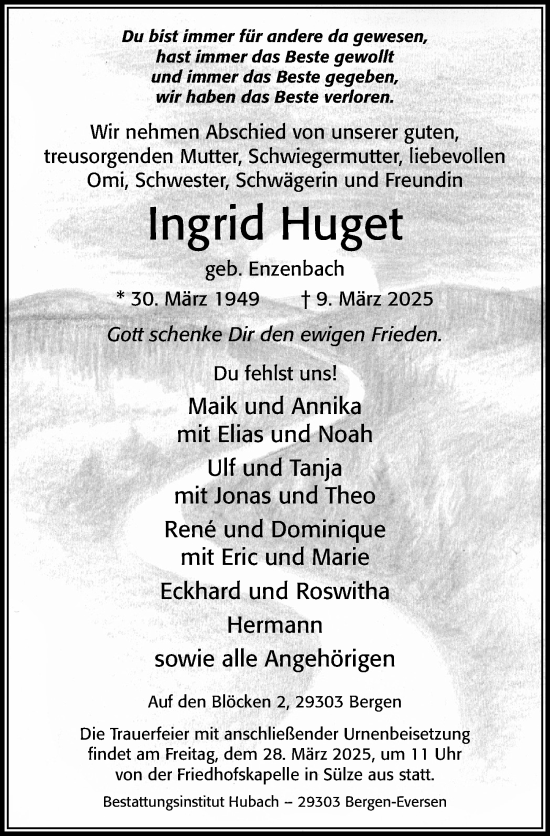 Traueranzeige von Ingrid Huget von Cellesche Zeitung
