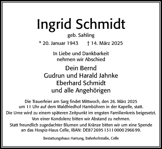 Traueranzeige von Ingrid Schmidt von Cellesche Zeitung