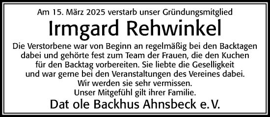 Traueranzeige von Irmgard Rehwinkel von Cellesche Zeitung