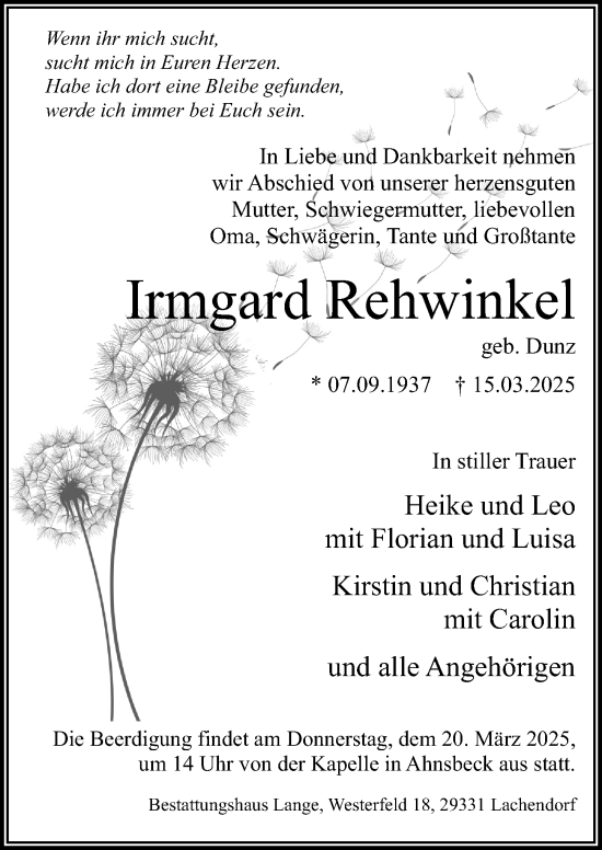 Traueranzeige von Irmgard Rehwinkel von Cellesche Zeitung