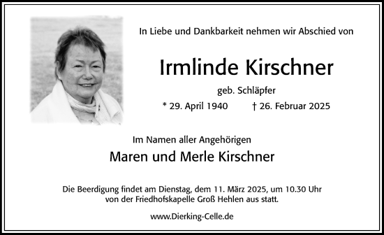 Traueranzeige von Irmlinde Kirschner von Cellesche Zeitung