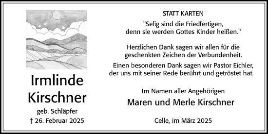 Traueranzeige von Irmlinde Kirschner von Cellesche Zeitung