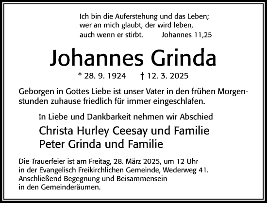 Traueranzeige von Johannes Grinda von Cellesche Zeitung