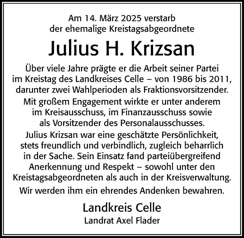  Traueranzeige für Julius H. Krizsan vom 25.03.2025 aus Cellesche Zeitung